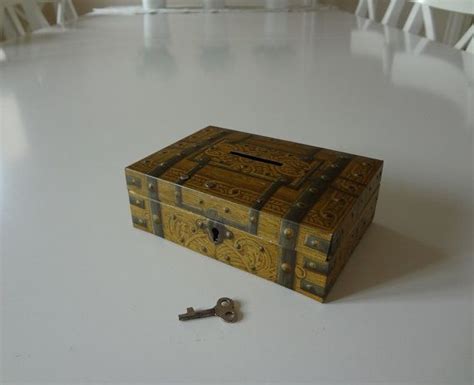 metal painted money box|Antique Painted Metal Money Box with Lock and Key.